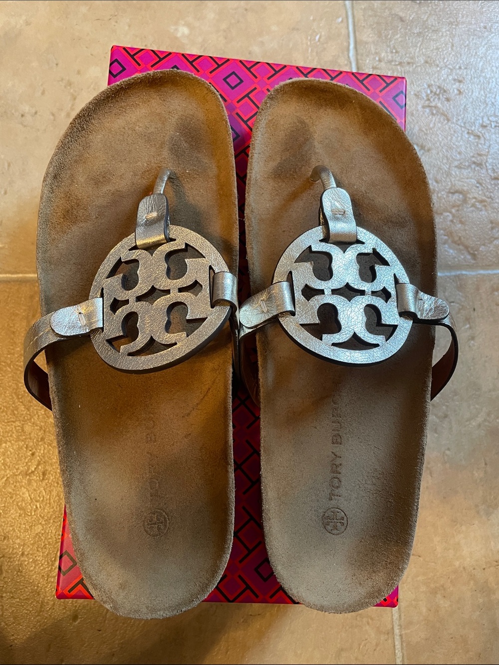 Tory Burch Brown Footbed Sandal with Silver Logo Medallion